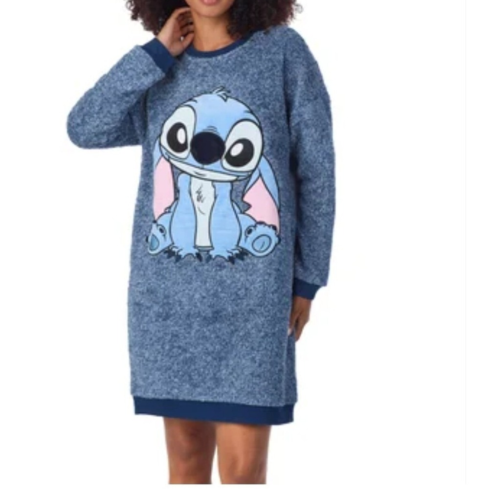 Disney Stitch Faux Fur Plush Sleepshirt Nightgown Dress Blue Sz S Cartoon Winter - Picture 1 of 7